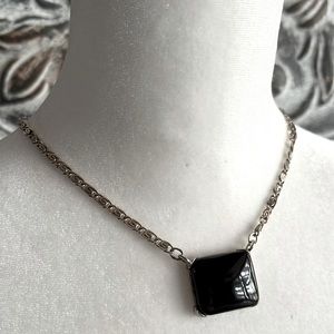 CH silver paperclip link necklace with black setting